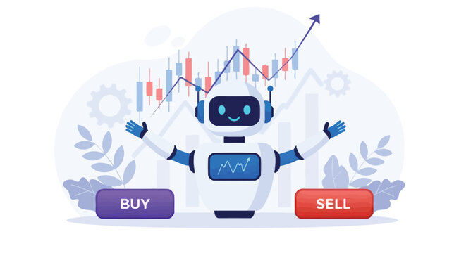 Friendly robot character standing in front of rising trading chart with buy and sell buttons on digital background for automated financial market analysis.