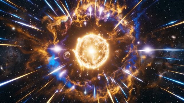 Cosmic explosion with bright light rays and vibrant nebula in deep space 4k video