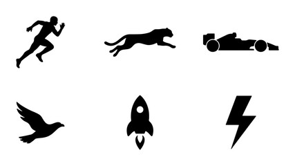 Speed and Power Icons: Runner, Cheetah, Race Car, Bird, Rocket, Lightning © Abu