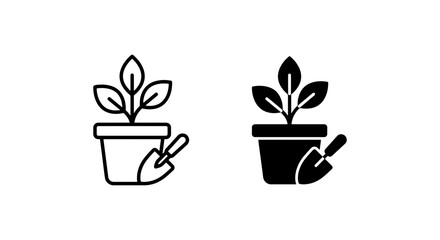 Fototapeta premium Plant Pot and Trowel Icons, Growth and Gardening Symbols, Vector Set