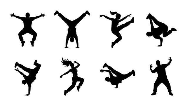 Breakdance Silhouettes: Dynamic Hip Hop Dance Poses, Urban Street Style Vector Set