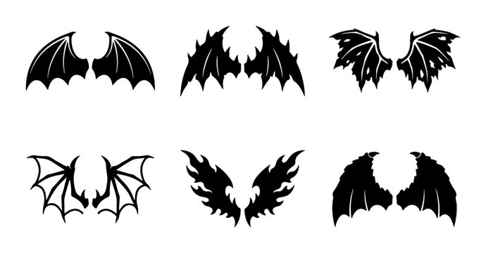 Black Bat Wings Vector Icons, Fantasy Devil Wings Set, Gothic Angel Wings Collection