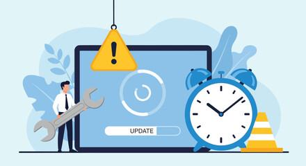 Fototapeta premium Software update progress bar on tablet screen with man holding wrench and large alarm clock near warning sign in flat vector illustration for tech support.