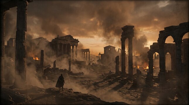 Lone warrior stands before the burning ruins of an ancient roman city under a dark and moody sunset sky atmosphere
