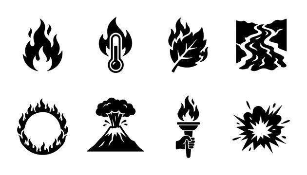 Fire Icons Set, Heat Symbols, Energy Elements, Nature Hazards