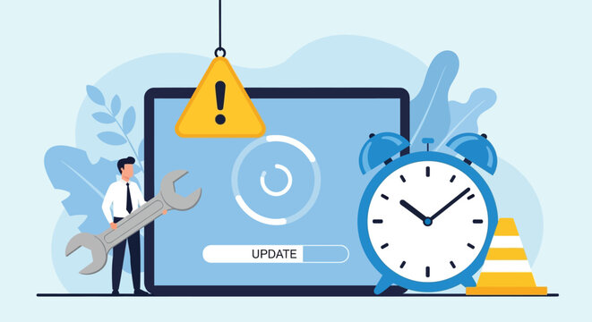 Software update progress bar on tablet screen with man holding wrench and large alarm clock near warning sign in flat vector illustration for tech support.