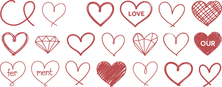 Set of nineteen hand drawn heart in red ink featuring various styles including outlines scribbles geometric shapes and text like love our fer and ment on a plain white background