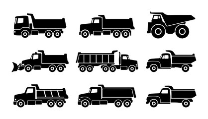 Dump Truck Icons Set, Construction Vehicle Silhouettes, Heavy Machinery Vector Collection © Imran