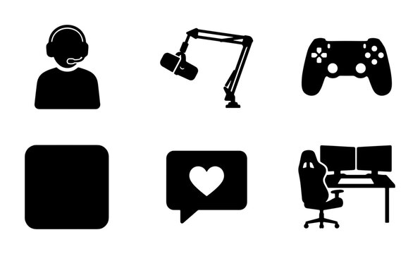 Gaming Streamer Icons: Microphone, Controller, Headset, Desk Setup