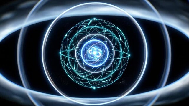 scientific atom animation with luminous energy rings