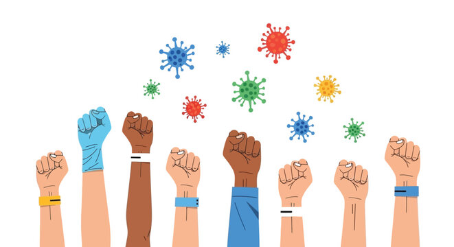 People raising fists in solidarity during a virus outbreak, representing unity, strength, and collective action against the pandemic threat.