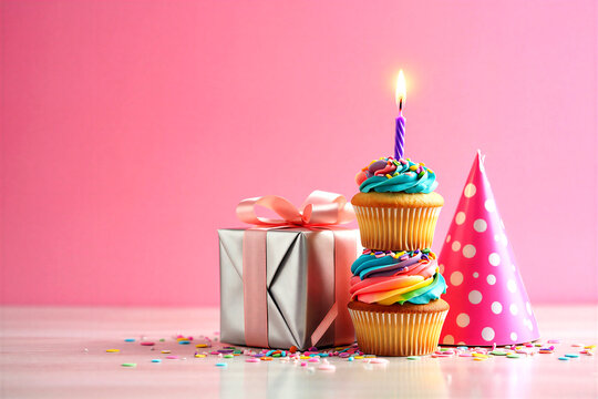 Colorful birthday cupcakes with a lit candle and gift box on pink background for celebration