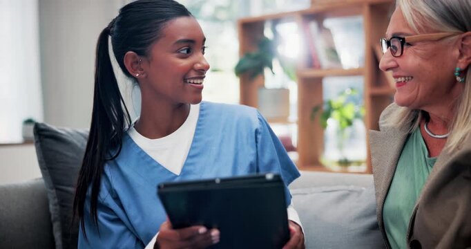 Nurse, tablet or old woman with discussion on couch, explain results or advice for medical report. Tech, caregiver or senior person with instructions for health care, wellness update or smile in home
