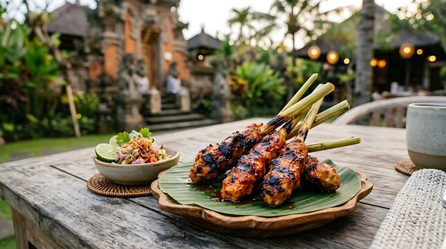 Close Up Balinese Chicken Sate Lilit with Smoky Grilled Texture and Chili Oil Glaze, Luxury Tropical Resort Fine Dining Indonesian Satay on Banana Leaf
