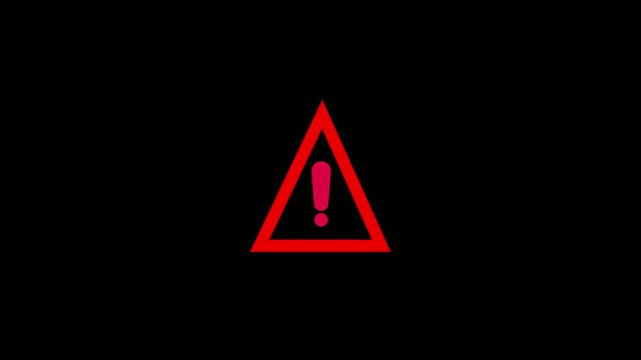 Red triangle warning sign with exclamation mark inside on a black background motion graphic animation