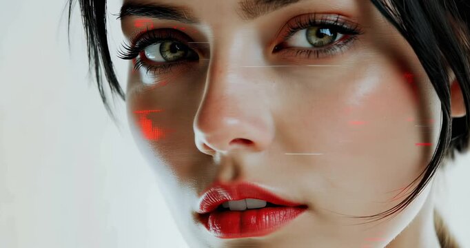 Close-up of captivating humanoid face with vibrant green eyes and red lips, experiencing futuristic data scan or augmented reality overlay