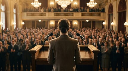 Obraz premium Speaker Presenting To Audience In Historic Theater