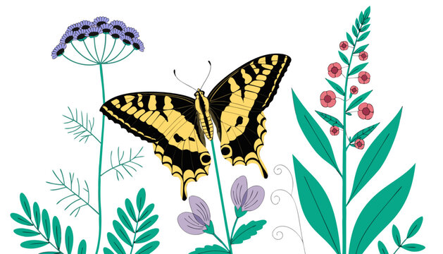Very beautiful colorful Swallowtail butterfly featuring striking yellow and black wings, elegant floral branches, fresh spring leaves, detailed natural textures, and a vibrant garden atmosphere, isola
