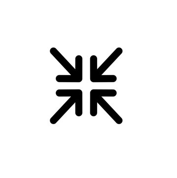Four diagonal arrows pointing inward to center line icon. Minimize window, decrease size, condense, merge or collapse symbol, flat interface navigation vector illustration.