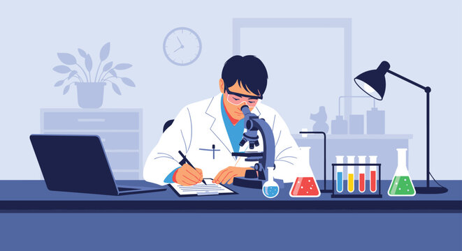 Dedicated scientist in a lab coat and safety goggles looking through a microscope and taking notes on a desk with test tubes.