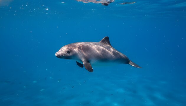 A harbor porpoise swimming gracefully through the clear blue ocean water with sunlight filtering down, representing marine biodiversity and wildlife conservation concept