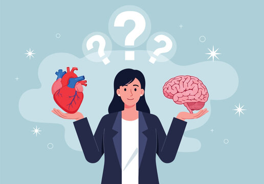 Professional woman holding heart and brain icons choice conceptual vector illustration showing decision between emotional feelings or logical rational thinking process.