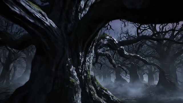 A dark, gnarled tree with claw-like branches reaches out in a misty forest