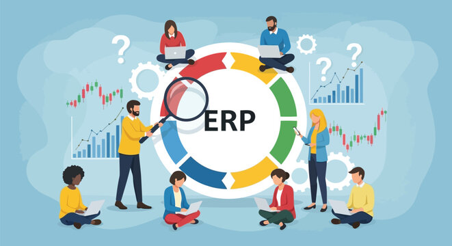 Diverse business team working together on enterprise resource planning system strategy using laptops and charts data analysis office collaboration concept art.