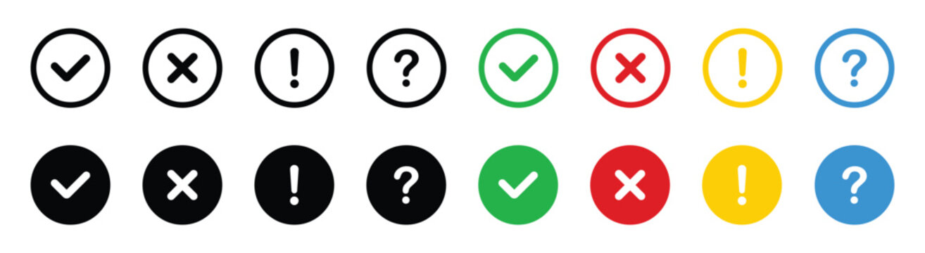 Status icon set with check mark, cross, exclamation, and question symbols for web and app interface notification. Success, error, warning, and help indicator signs. Vector illustration and transparent