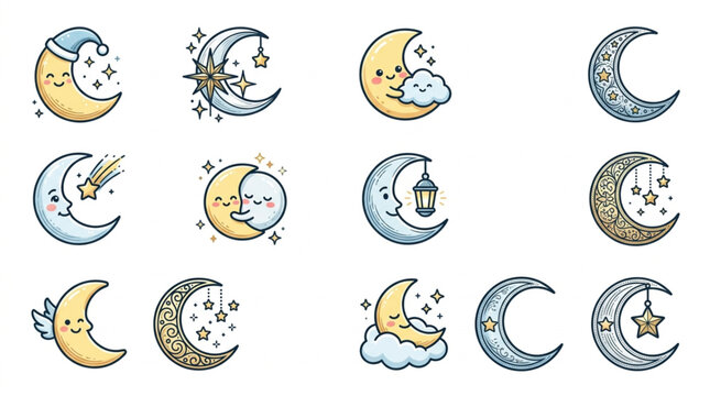 Collection of cute crescent moon illustrations with faces and stars.