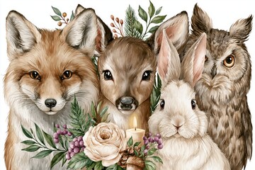 Fototapeta premium Adorable watercolor woodland animals including fox, deer, rabbit, and owl with festive winter floral arrangement.