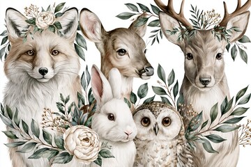 Fototapeta premium Charming woodland creatures including a fox, deer, rabbit, and owl adorned with floral and foliage wreaths.