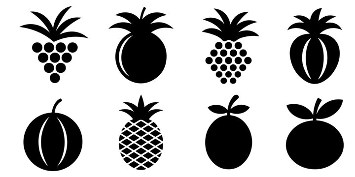 Tropical fruit silhouette icon collection featuring pineapple grape melon and citrus shapes in black isolated vector design set for logo branding packaging labels food graphics and clipart