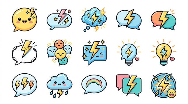 Collection of Cute Lightning Bolt and Speech Bubble Icons.