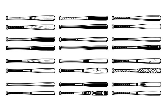 Vintage baseball bat icons set, 24 hand drawn wooden sports equipment illustrations, retro black and white baseball bats collection for team logos