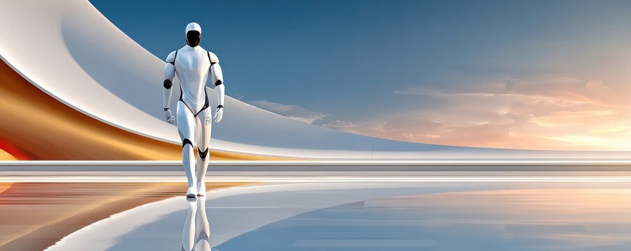 Futuristic humanoid robot standing in a minimal architectural space at sunset with reflective floor