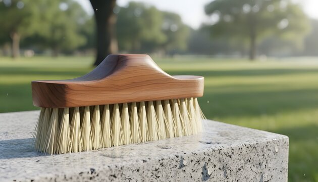 Wooden headstone cleaning brush resting on a granite monument in a bright green cemetery park, symbolizing outdoor grave maintenance and remembrance concept in morning light