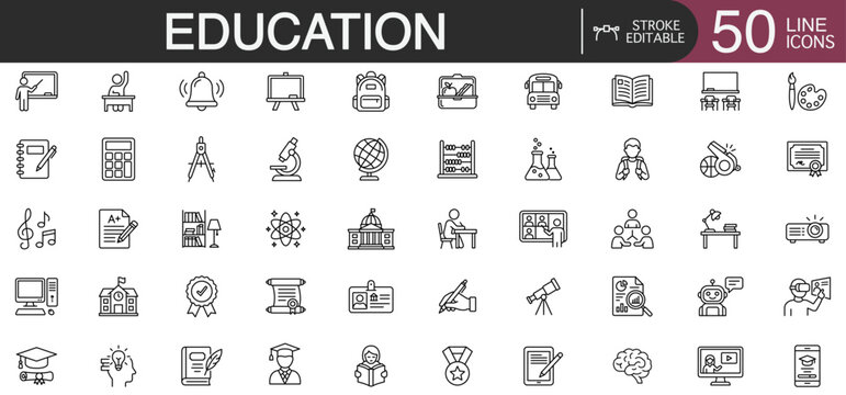 Education and school learning editable stroke line vector icon set featuring university graduation, academic study, and classroom teaching concepts.