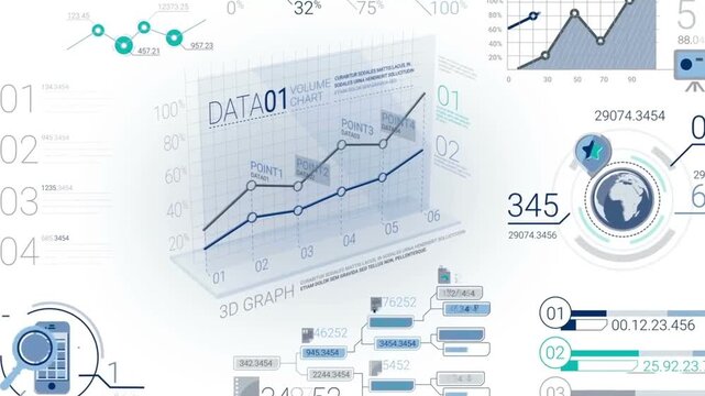3D business infographic line graph with data animation elements on a white background. Futuristic financial chart HUD interface loop.