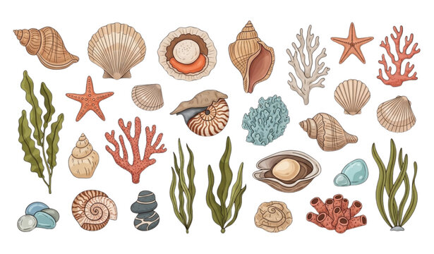 Modern beach seashell and marine life vector collection