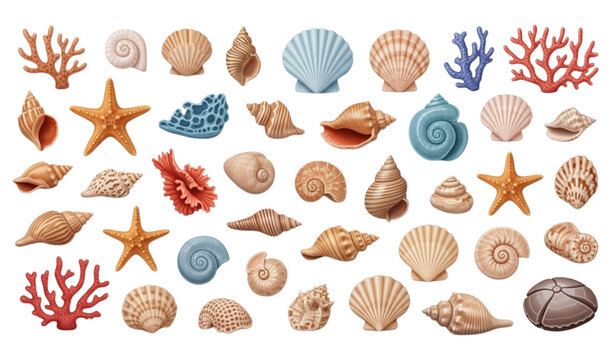 Coastal seashells and ocean marine life vector illustration set