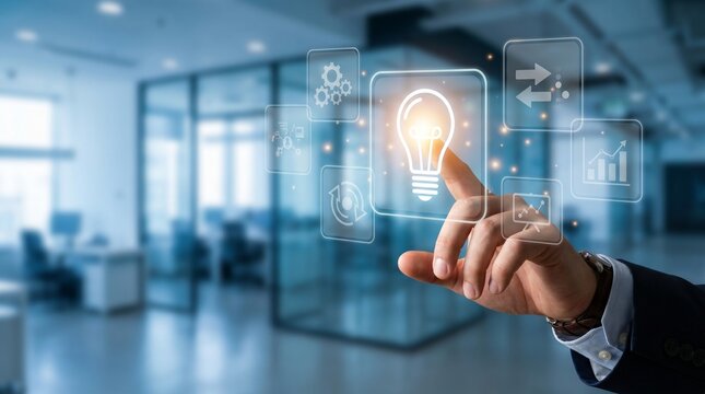 Businessman interacting with innovation and digital transformation interface.