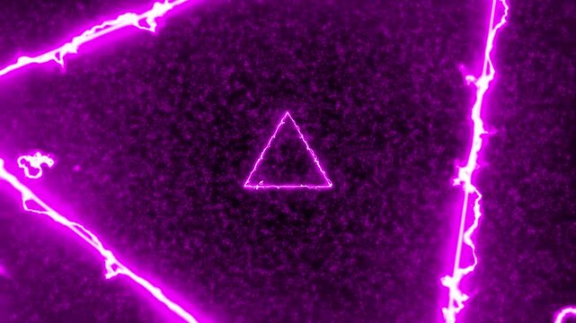 Purple electric triangle energy frame with neon plasma lightning futuristic abstract background