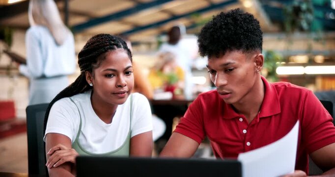 Talk, college and laptop with people in library for education, assignment submission and tutor feedback. University, student scholarship and exam grades with friends on campus for class schedule