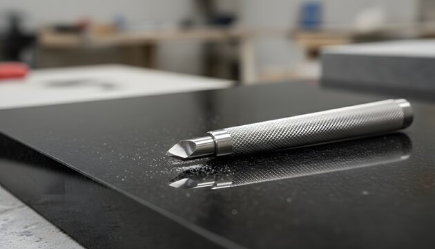 Professional headstone etching tool resting on polished black granite slab for memorial engraving and stone craftsmanship concept with selective focus