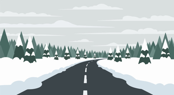 A winter road curves through a snow-covered evergreen forest under a cloudy sky