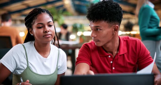 Research, college and laptop with people in library for education, assignment submission and tutor feedback. University, student scholarship and exam grades with friends on campus for class schedule