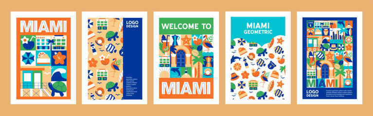 Fototapeta premium Miami Typography Poster Set with Tropical Symbols, Florida Culture and Tourism, Memphis Geometric Design