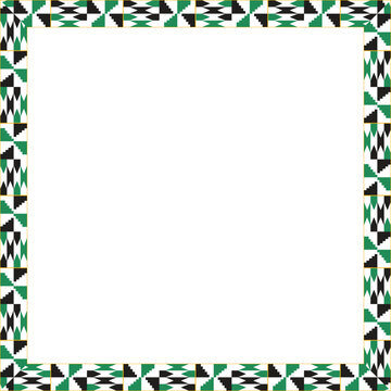 Vibrant African Kente-style geometric pattern frame in green, black, and gold, ideal for borders and decorative elements in creative design projects