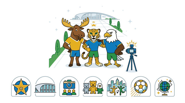 Flat vector illustration of moose, jaguar, and eagle sports mascots in athletic gear posing for a camera outside a stadium, accompanied by icons of soccer, globes, and city celebrations.